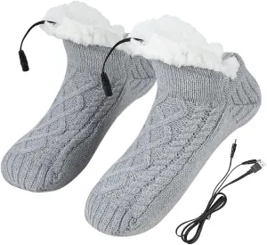USB Heated Socks Slippers Winter Electric Heating Thermal Plush Knitted Slippers Cold Weather Bootie Foot Warmers Anti-Slip Home Indoor Heating Slippers Footwear Shoes for Indoor Room Office