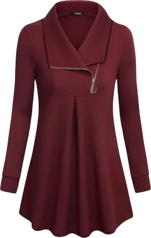VALOLIA Women's Casual Swing Sweatshirt Long Sleeve Zipper Lapel Fashion Pullover Tunic