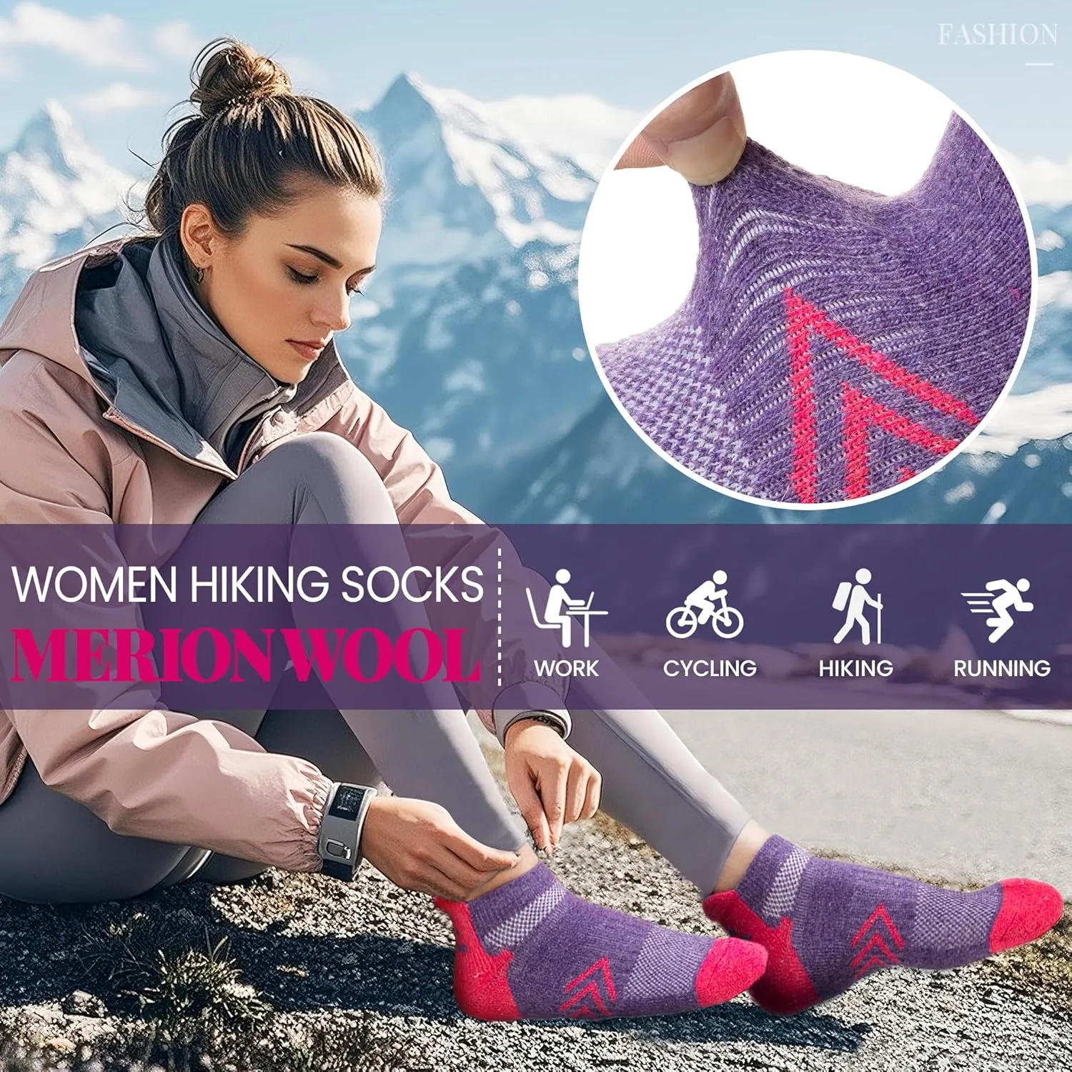Velice Merino Wool Ankle Hiking Running Socks for Women Compression Support Thick Cushion Breathable No Show Socks 6 Pairs
