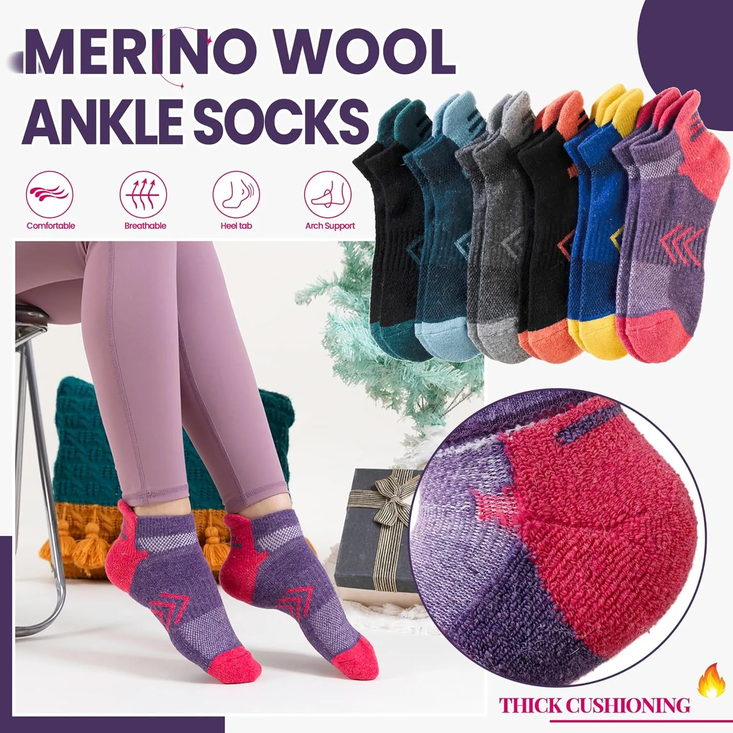 Velice Merino Wool Ankle Hiking Running Socks for Women Compression Support Thick Cushion Breathable No Show Socks 6 Pairs