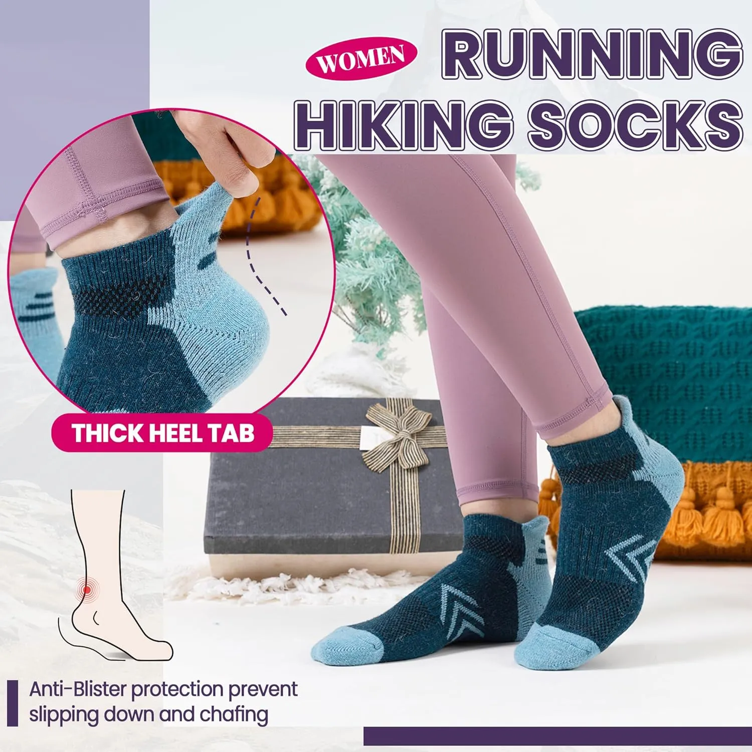 Velice Merino Wool Ankle Hiking Running Socks for Women Compression Support Thick Cushion Breathable No Show Socks 6 Pairs
