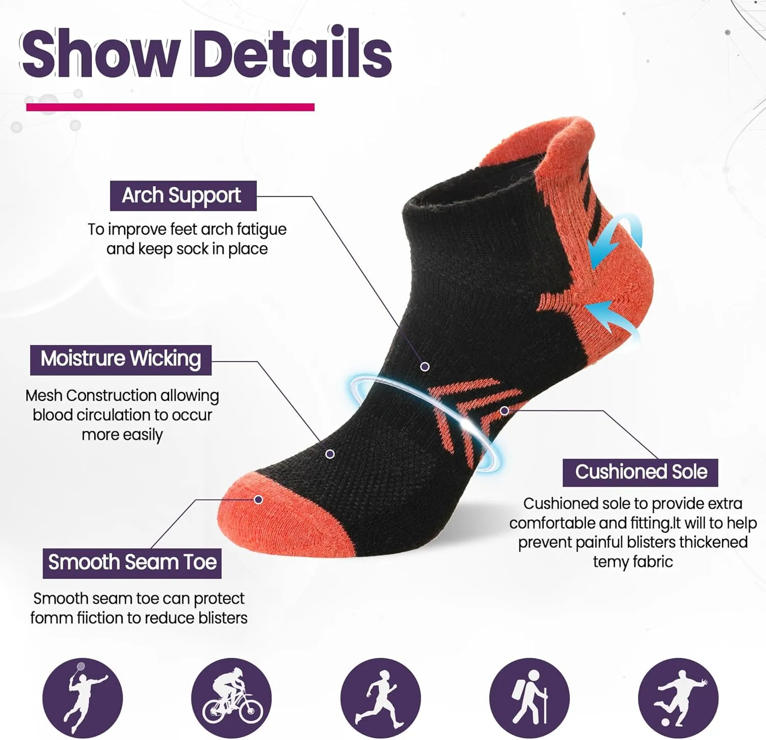 Velice Merino Wool Ankle Hiking Running Socks for Women Compression Support Thick Cushion Breathable No Show Socks 6 Pairs