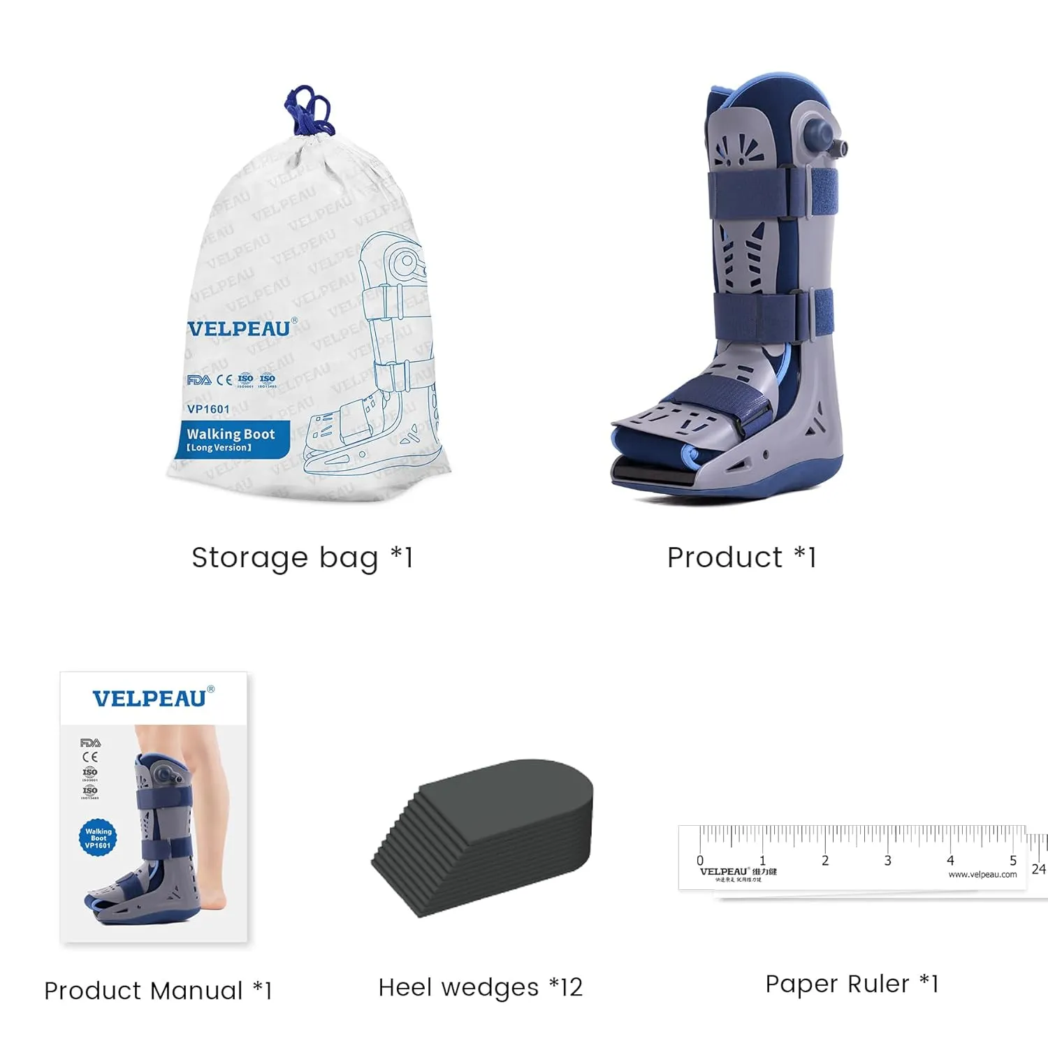 Velpeau Walking Boot for Broken Foot, Dual Independent Inflatable Airbags and Anti-slip Sole Design, Air Cam Walker Fracture Boot for Women and Men, Fits Left and Right Foot (Unisex, Tall Version, L)