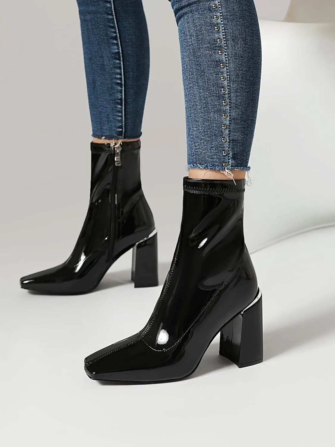 vivianly Womens Square Toe Ankle Booties Chunky Heel Boots Side Zipper Patent Leather Mid-Calf Boots