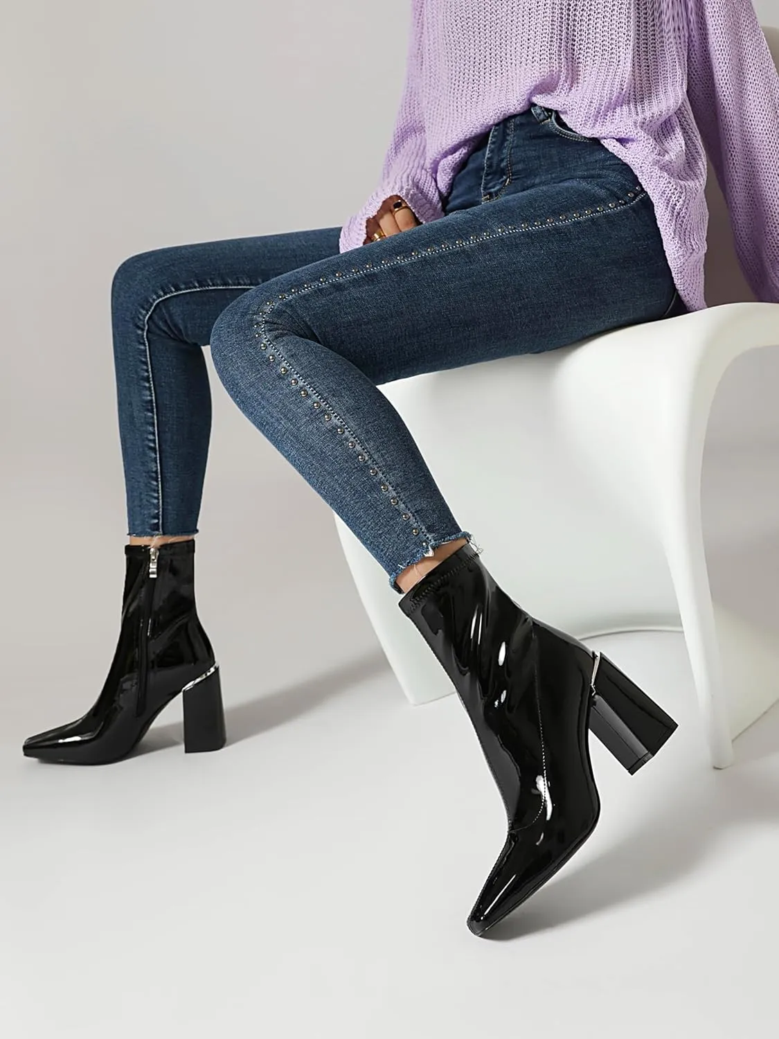 vivianly Womens Square Toe Ankle Booties Chunky Heel Boots Side Zipper Patent Leather Mid-Calf Boots