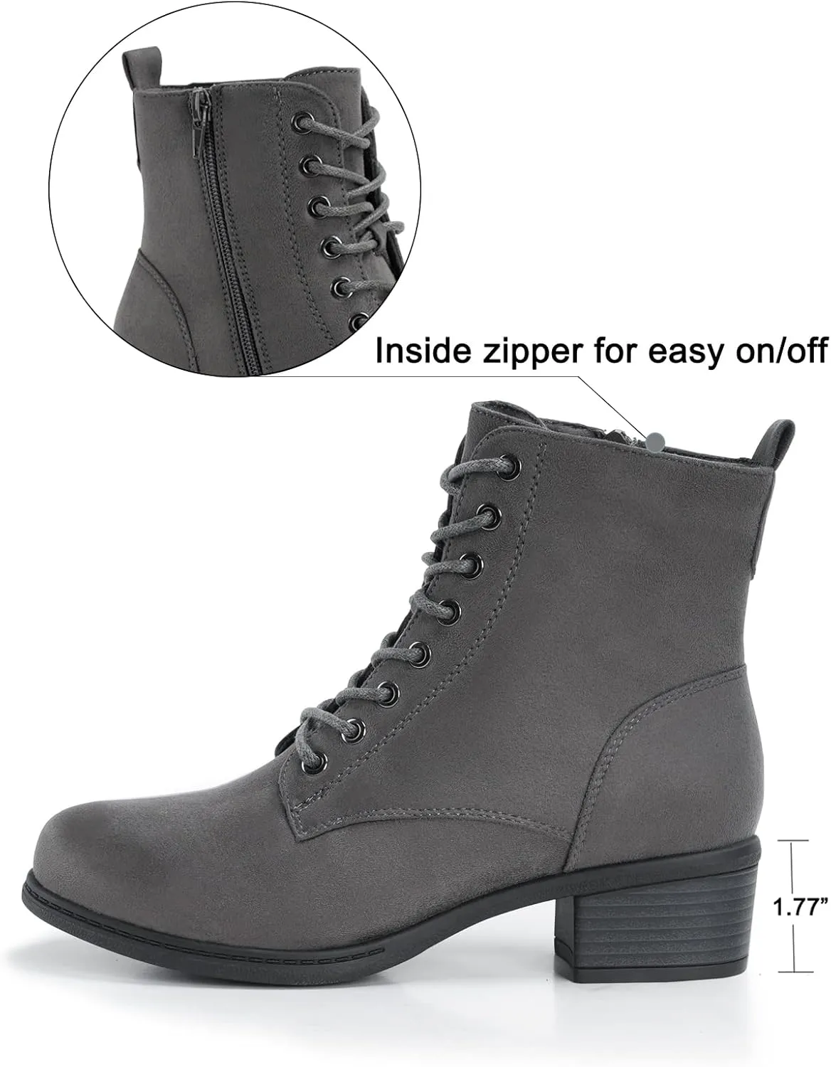 VJH confort Women's Fashion Ankle Boots Low Heels Chunky Lace-up Combat Bootie with Side Zipper