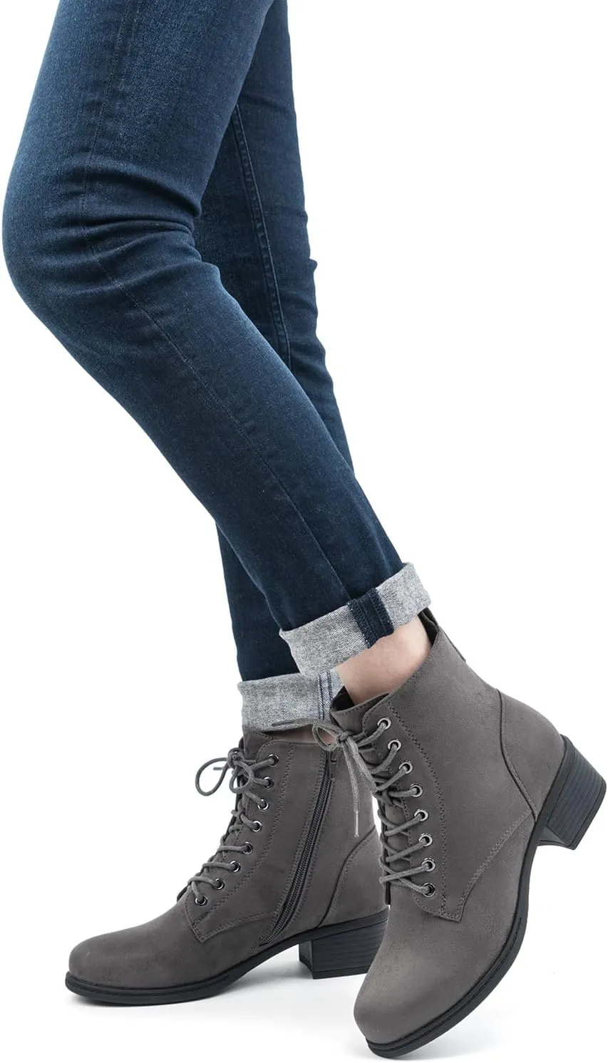 VJH confort Women's Fashion Ankle Boots Low Heels Chunky Lace-up Combat Bootie with Side Zipper