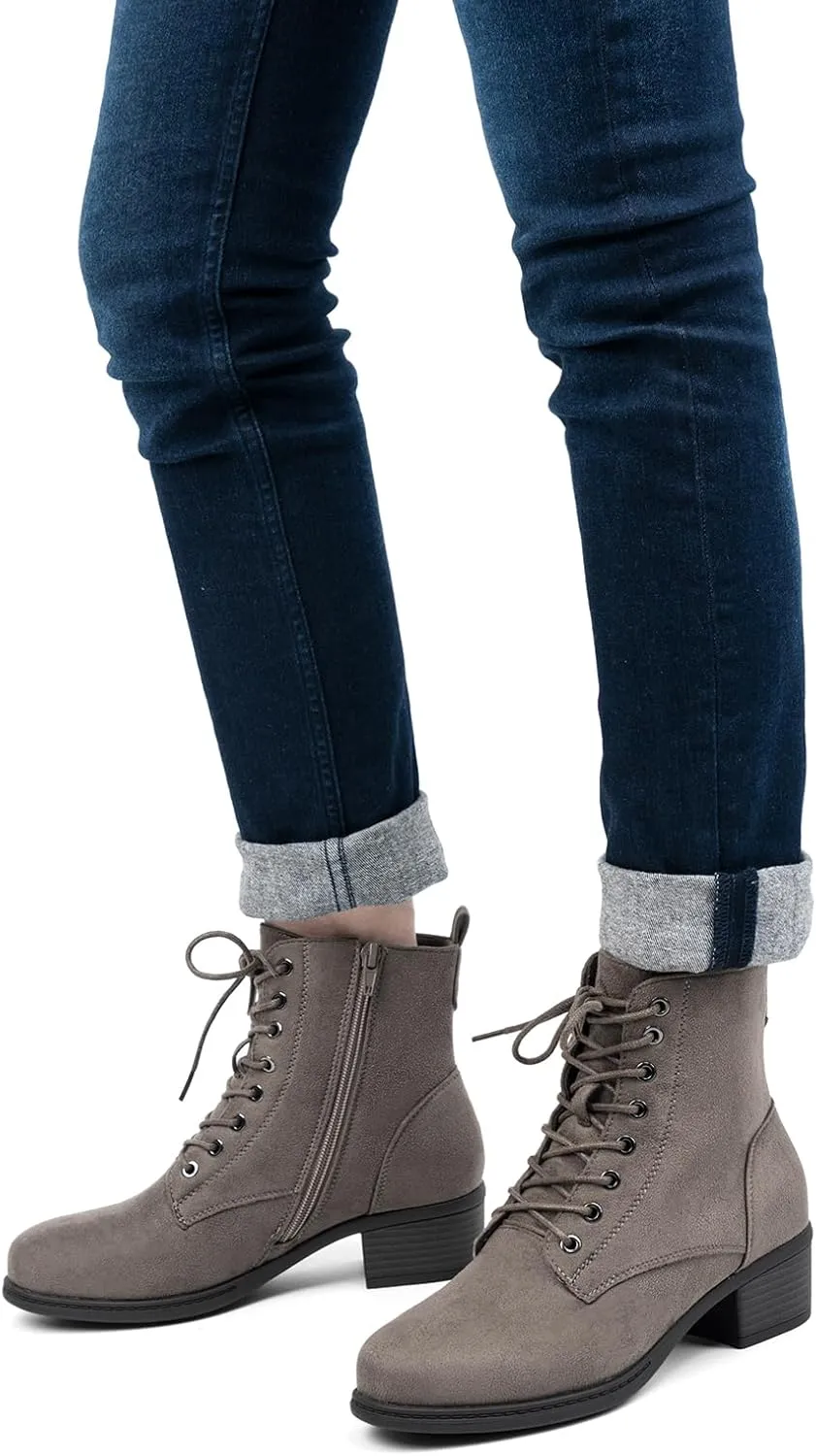 VJH confort Women's Fashion Ankle Boots Low Heels Chunky Lace-up Combat Bootie with Side Zipper