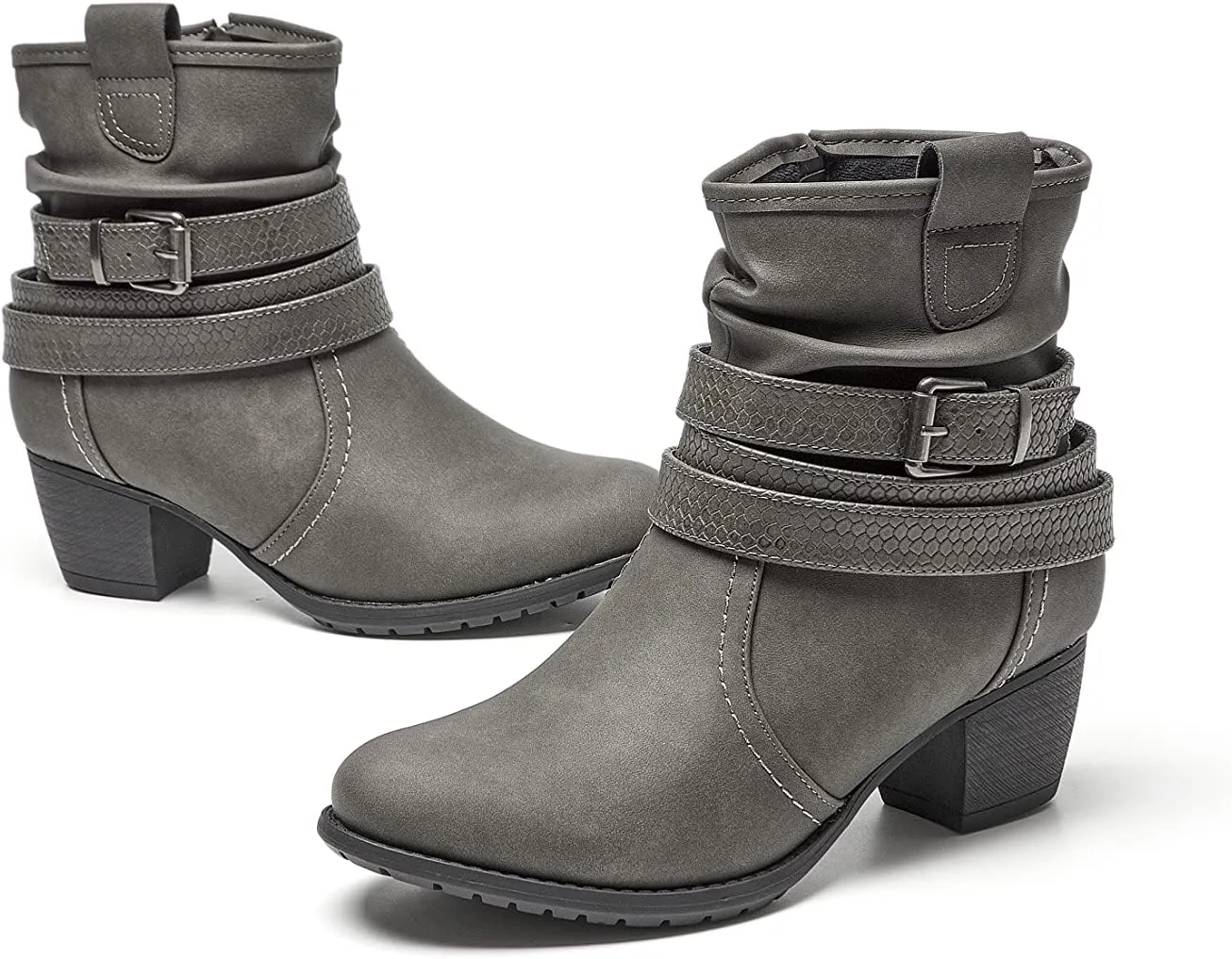 VJH confort Women's Mid Calf Boots,Round Toe Comfort Low Heel Slouchy Dress Booties with Buckle Strap Side Zipper