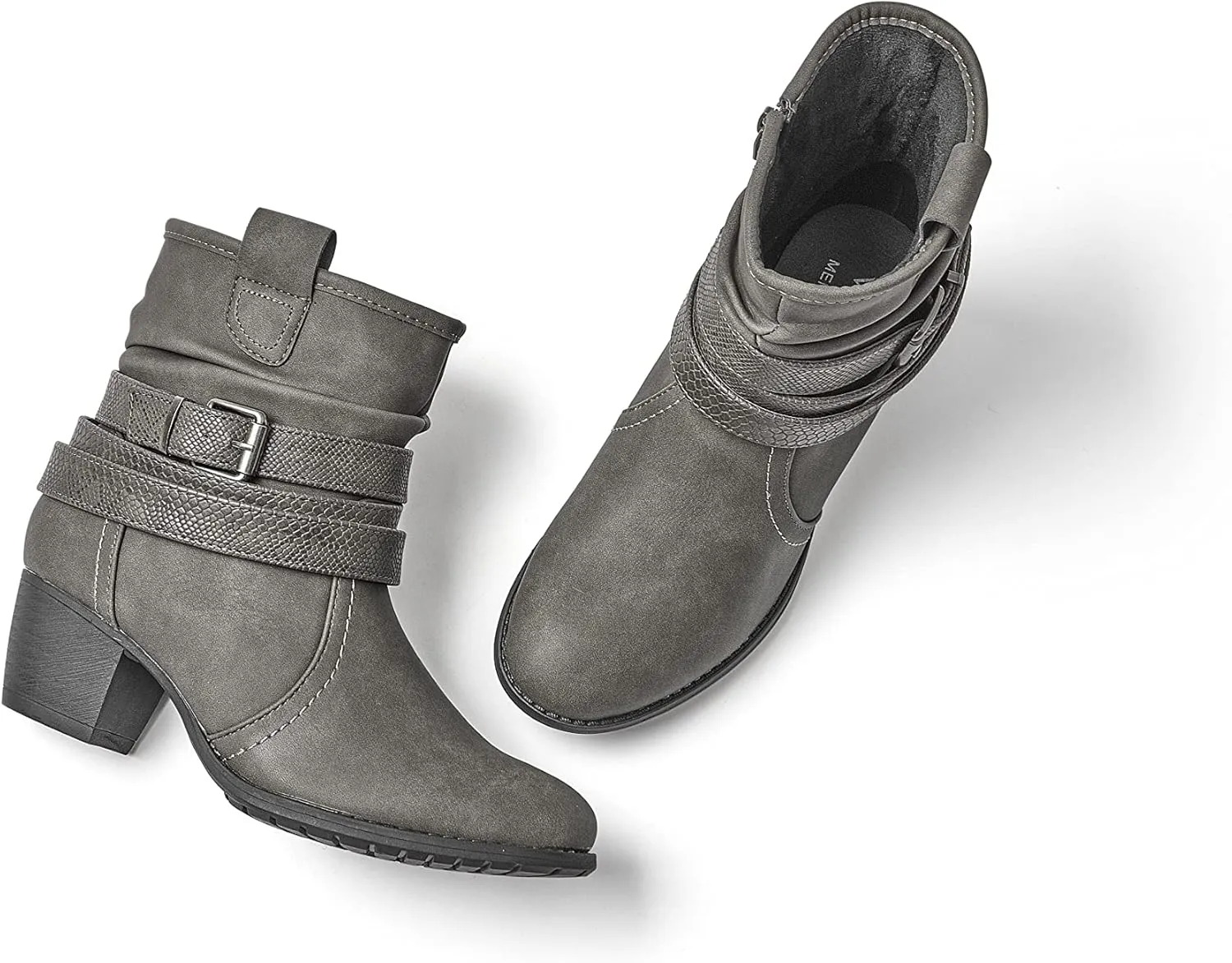 VJH confort Women's Mid Calf Boots,Round Toe Comfort Low Heel Slouchy Dress Booties with Buckle Strap Side Zipper