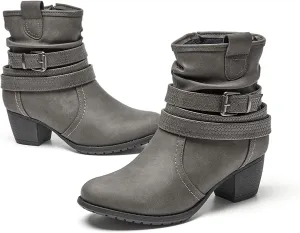 VJH confort Women's Mid Calf Boots,Round Toe Comfort Low Heel Slouchy Dress Booties with Buckle Strap Side Zipper