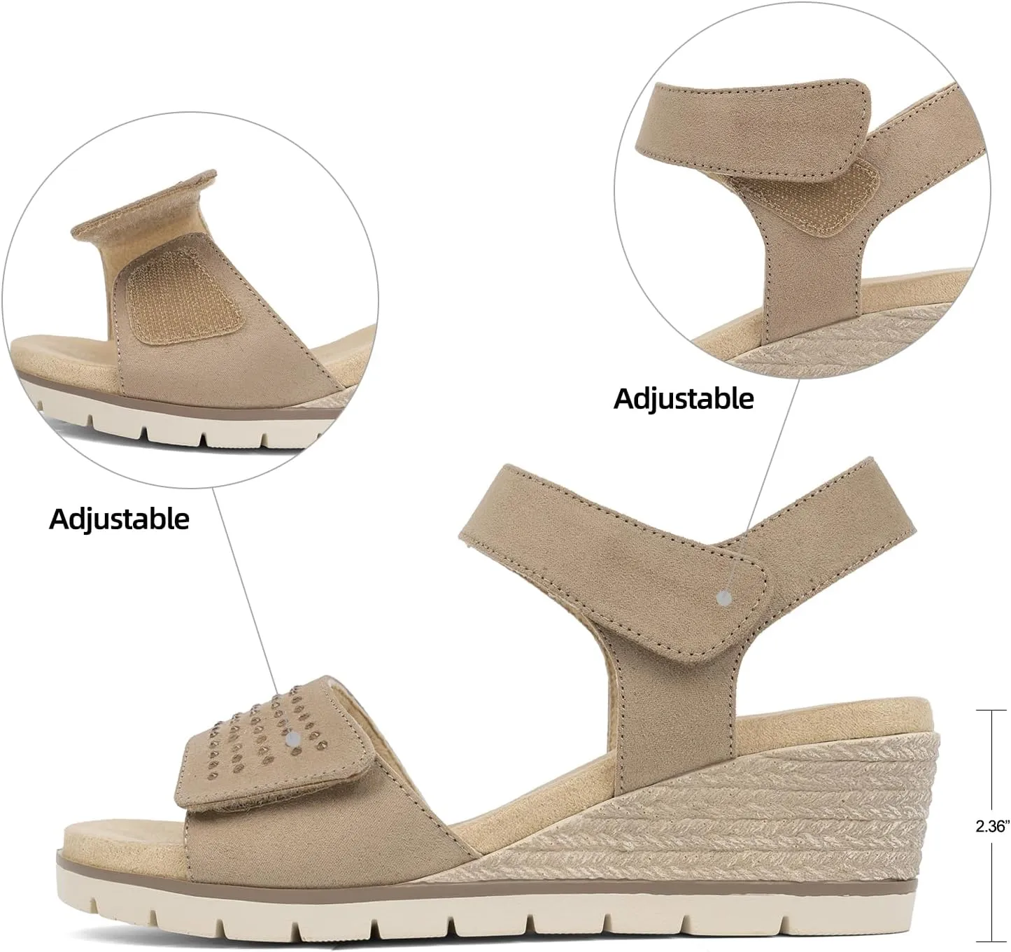VJH confort Women's Wedge Sandals, Comfort Memory Foam Rhinestone Sandal with Adjustable straps