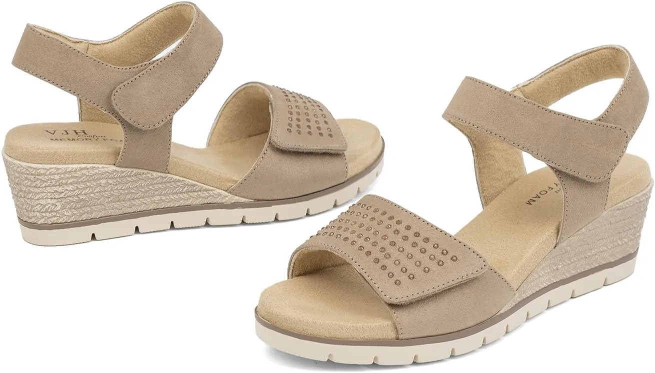 VJH confort Women's Wedge Sandals, Comfort Memory Foam Rhinestone Sandal with Adjustable straps