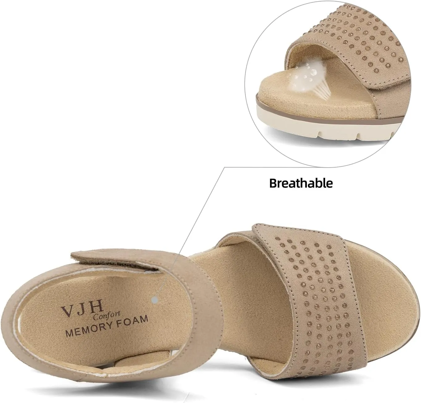 VJH confort Women's Wedge Sandals, Comfort Memory Foam Rhinestone Sandal with Adjustable straps