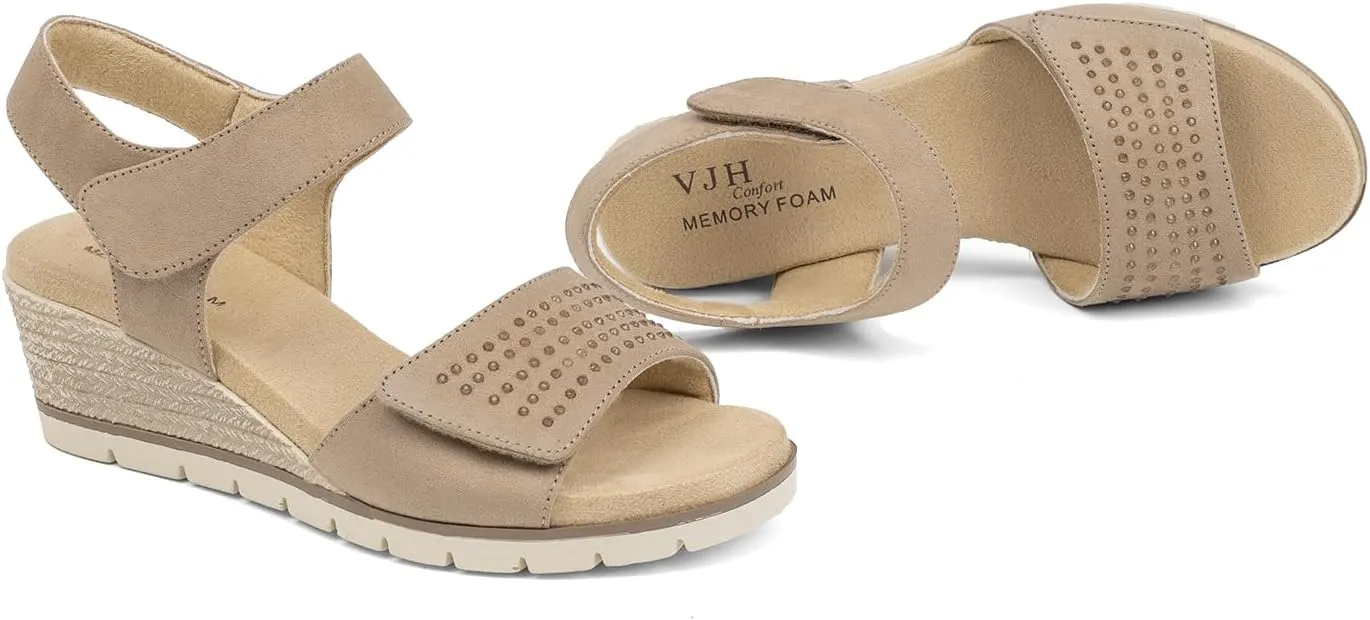 VJH confort Women's Wedge Sandals, Comfort Memory Foam Rhinestone Sandal with Adjustable straps