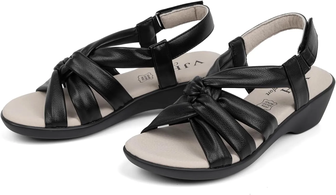 VJH confort Women’s Wedge Sandals, Comfortable Platform Cushioned Insole Strappy Round Toe Casual Wedge Sandals