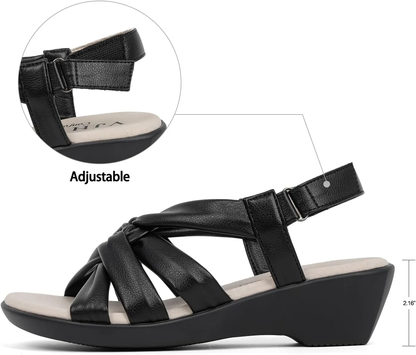 VJH confort Women’s Wedge Sandals, Comfortable Platform Cushioned Insole Strappy Round Toe Casual Wedge Sandals
