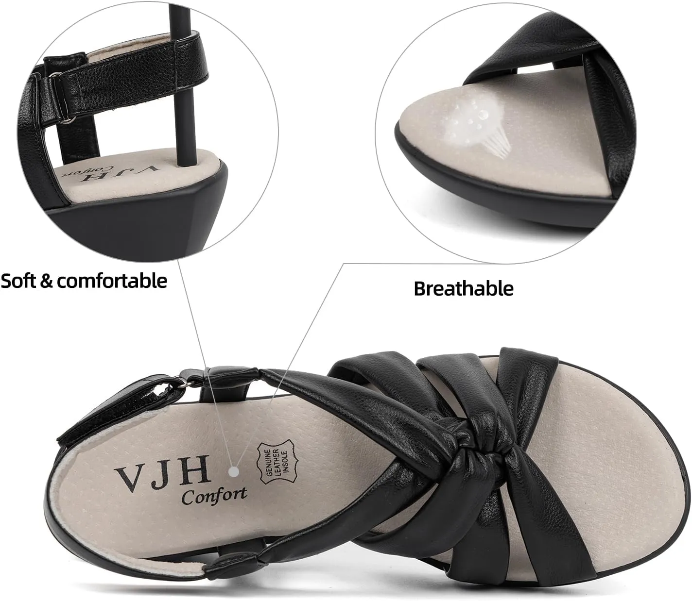 VJH confort Women’s Wedge Sandals, Comfortable Platform Cushioned Insole Strappy Round Toe Casual Wedge Sandals