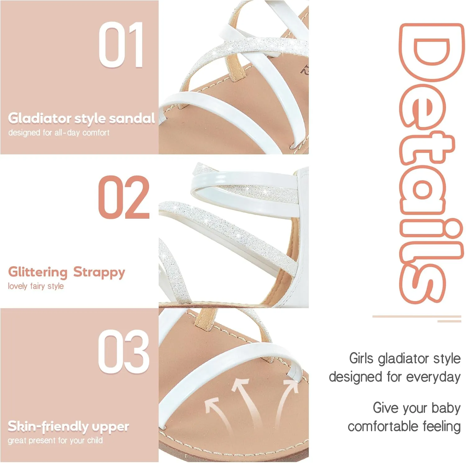 Vonair Girls Sandals Strappy Gladiator with Zipper Comfort Summer Shoes