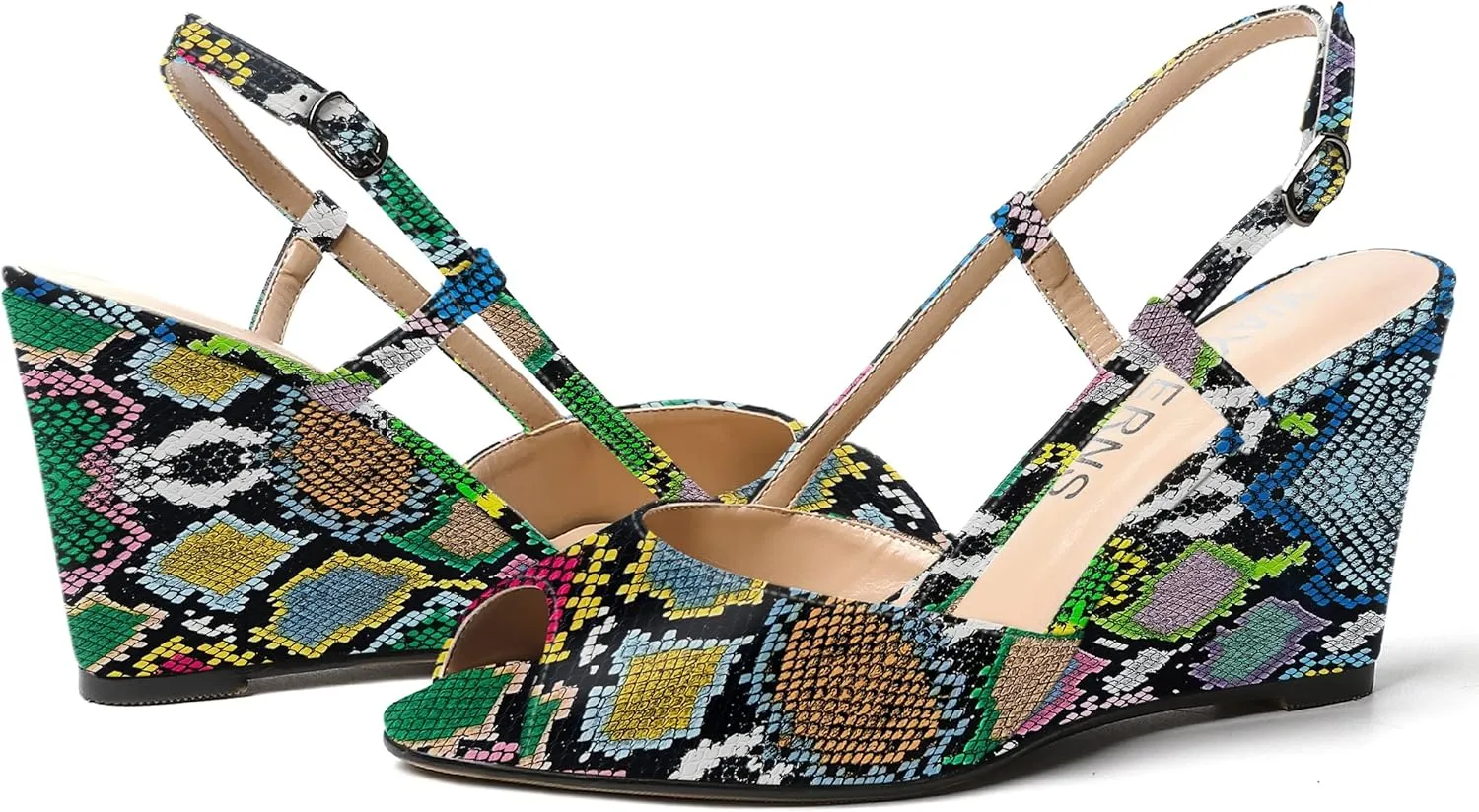 WAYDERNS Womens Patent Peep Toe Slingback Buckle Dating Adjustable Strap Casual Wedge High Heel Pumps Shoes 3.3 Inch