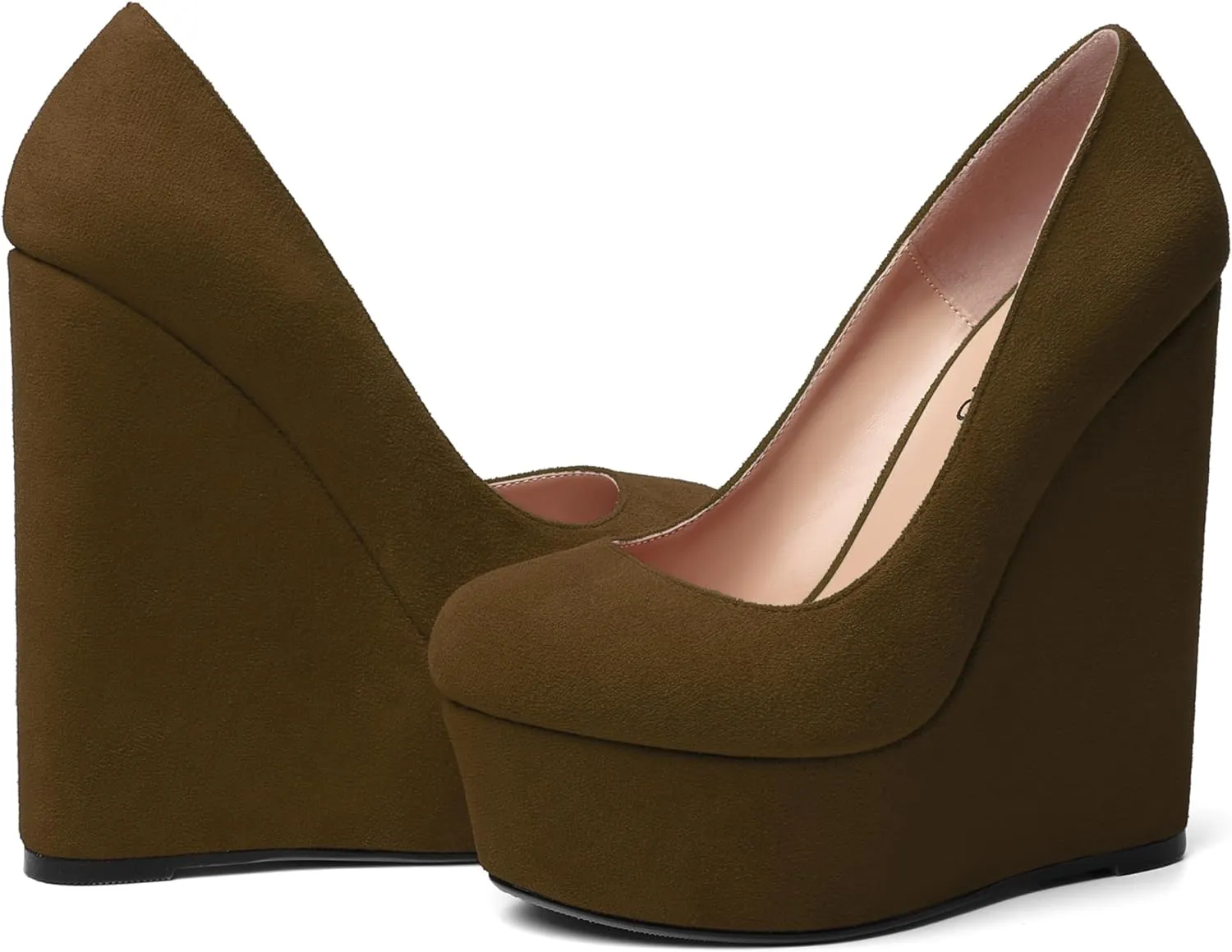 WAYDERNS Womens Platform Solid Suede Round Toe Party Slip On Fashion Wedge High Heel Pumps Shoes 6 Inch