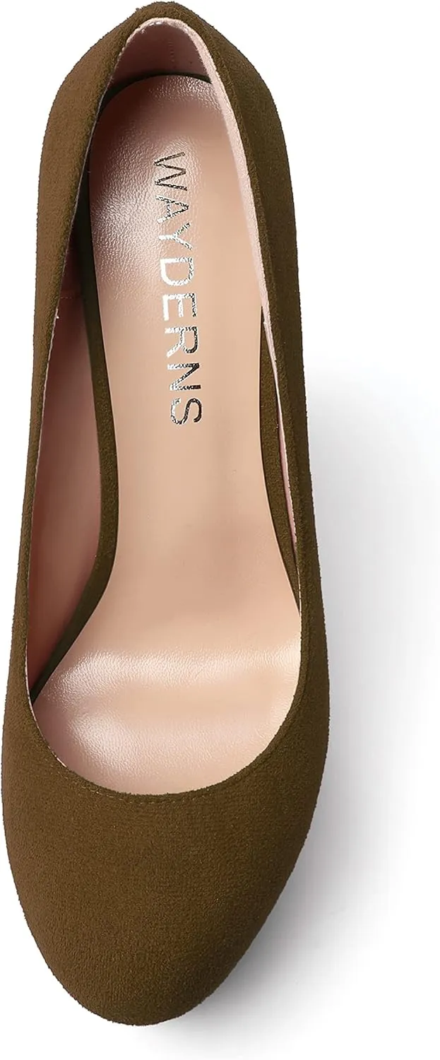WAYDERNS Womens Platform Solid Suede Round Toe Party Slip On Fashion Wedge High Heel Pumps Shoes 6 Inch