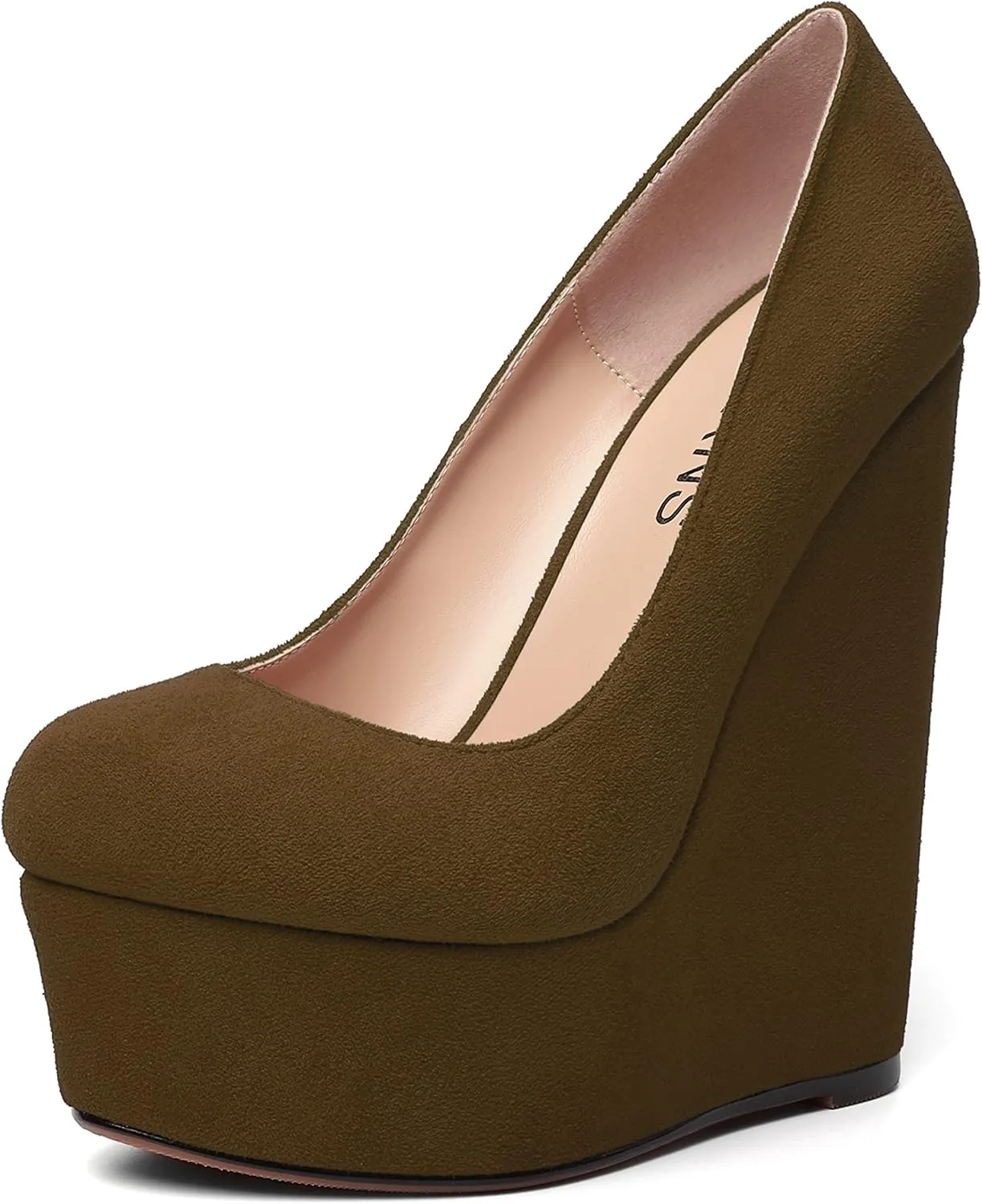 WAYDERNS Womens Platform Solid Suede Round Toe Party Slip On Fashion Wedge High Heel Pumps Shoes 6 Inch