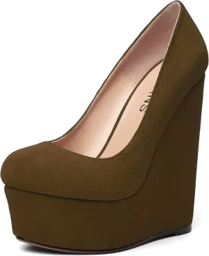 WAYDERNS Womens Platform Solid Suede Round Toe Party Slip On Fashion Wedge High Heel Pumps Shoes 6 Inch