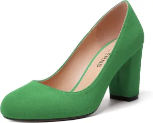 WAYDERNS Womens Suede Round Toe Office Solid Slip On Fashion Block High Heel Pumps Shoes 3.3 Inch
