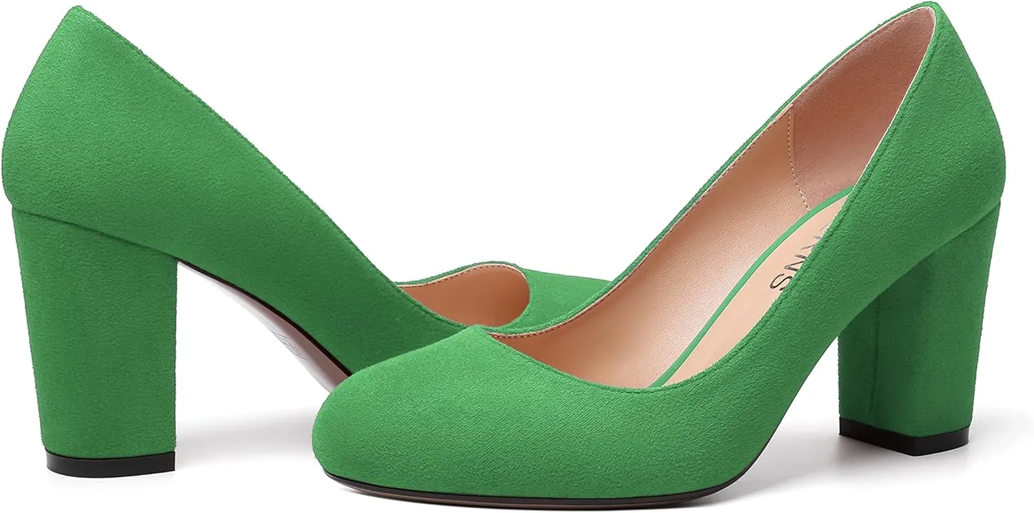 WAYDERNS Womens Suede Round Toe Office Solid Slip On Fashion Block High Heel Pumps Shoes 3.3 Inch