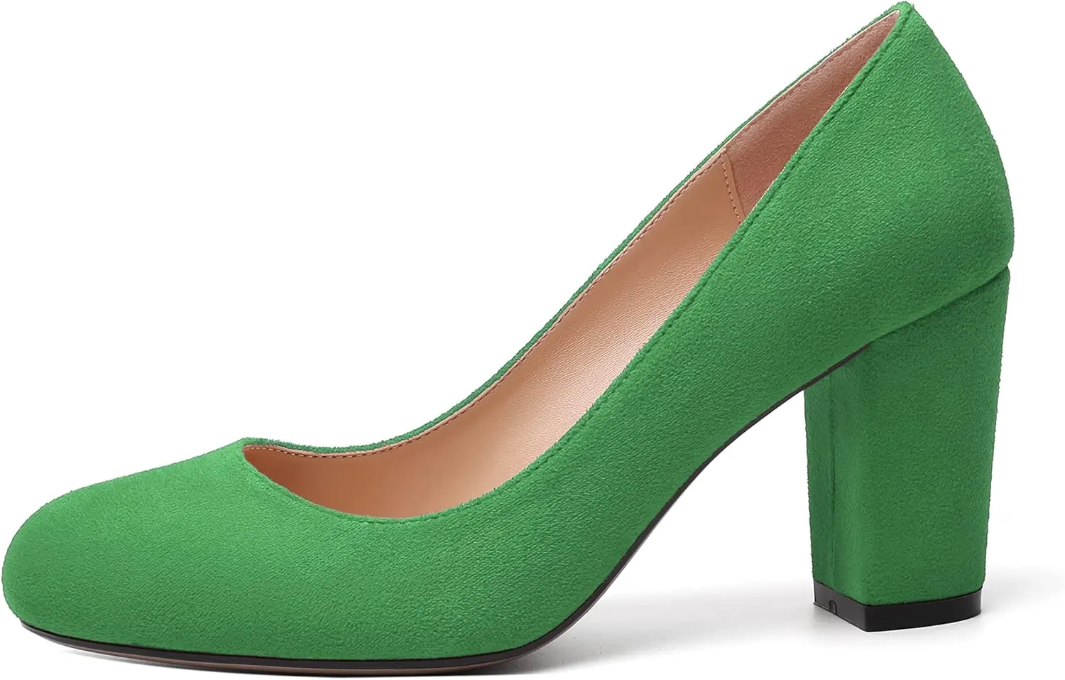 WAYDERNS Womens Suede Round Toe Office Solid Slip On Fashion Block High Heel Pumps Shoes 3.3 Inch