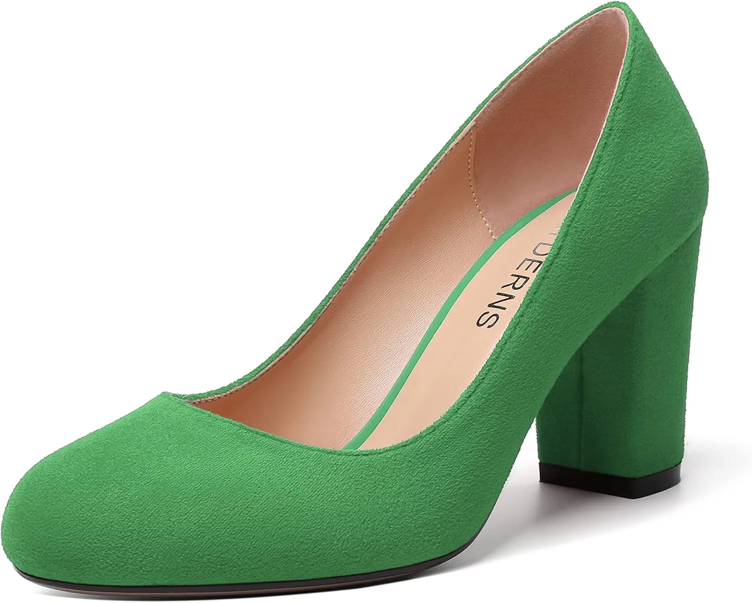 WAYDERNS Womens Suede Round Toe Office Solid Slip On Fashion Block High Heel Pumps Shoes 3.3 Inch