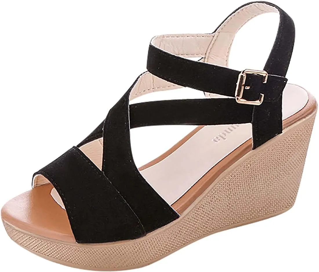 Wedge Sandals for Women Casual Summer Fashion Ankle Strap Open Toe Metal Buckle Platform High Heel Sandals Classic Fish Mouth Suede Roman Shoes