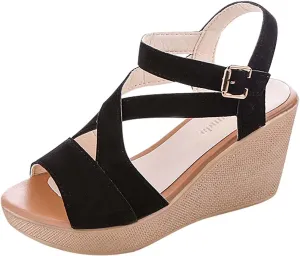 Wedge Sandals for Women Casual Summer Fashion Ankle Strap Open Toe Metal Buckle Platform High Heel Sandals Classic Fish Mouth Suede Roman Shoes