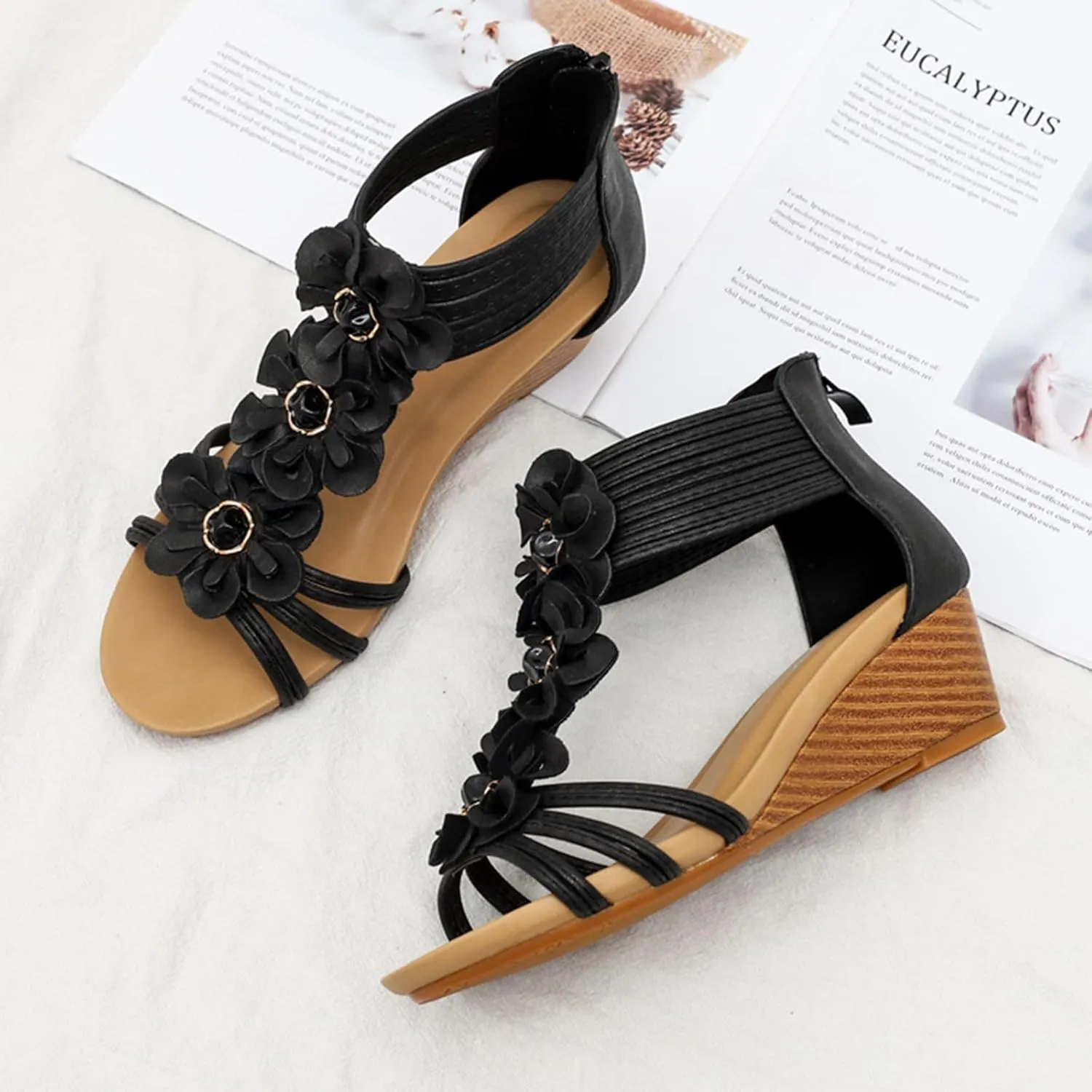 Wedge Sandals for Women Open Toe Casual Summer Roman High Heel, Dressy Flower T-Strap Walking Sandals with Zipper Comfortable Breathable Beach Sandal