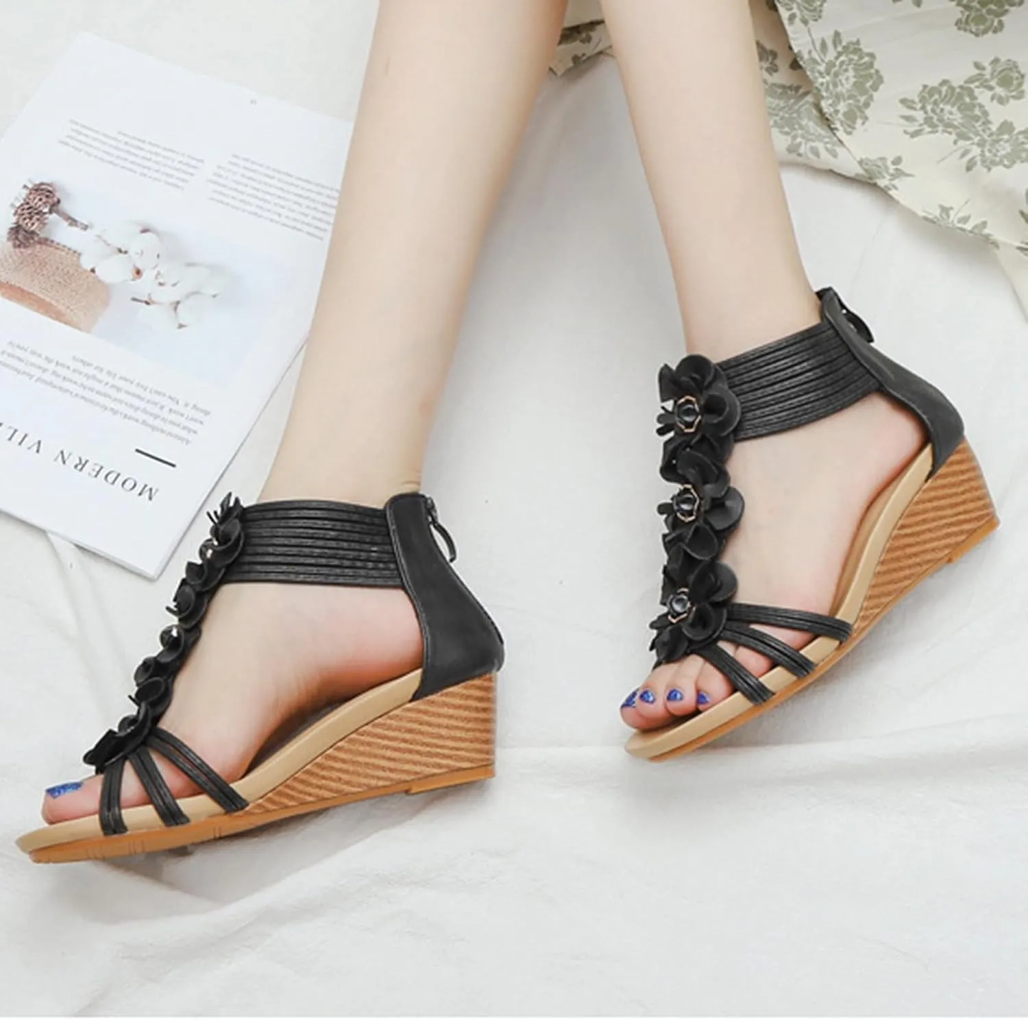 Wedge Sandals for Women Open Toe Casual Summer Roman High Heel, Dressy Flower T-Strap Walking Sandals with Zipper Comfortable Breathable Beach Sandal