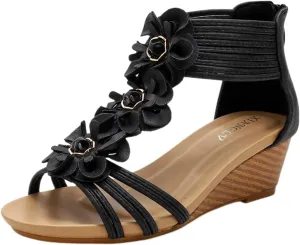 Wedge Sandals for Women Open Toe Casual Summer Roman High Heel, Dressy Flower T-Strap Walking Sandals with Zipper Comfortable Breathable Beach Sandal