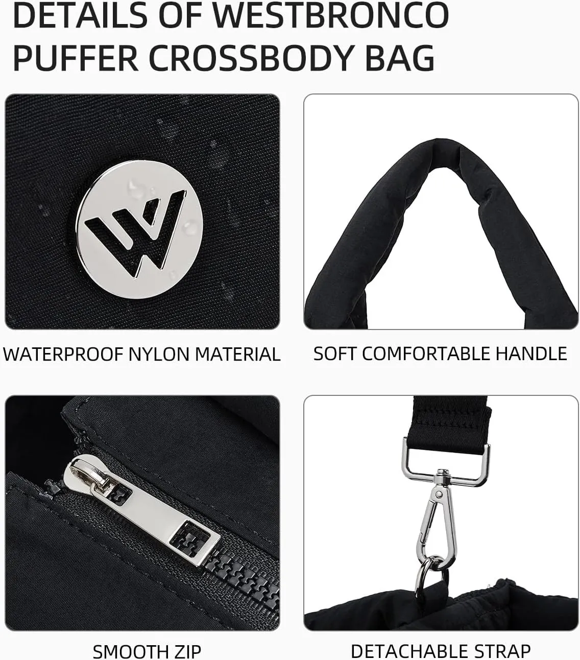 WESTBRONCO Puffer Crossbody Bags for Women Quilted Tote Bag Puffy Weekender Overnight Bag Nylon Shoulder Handbag