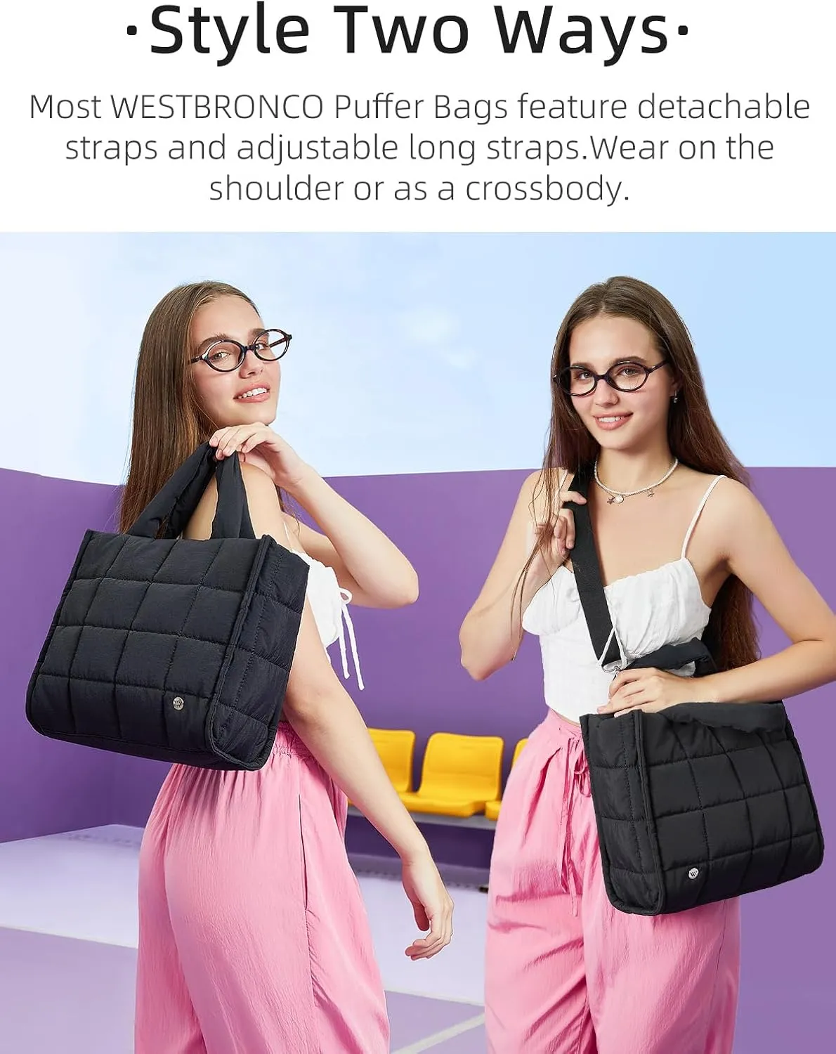WESTBRONCO Puffer Crossbody Bags for Women Quilted Tote Bag Puffy Weekender Overnight Bag Nylon Shoulder Handbag