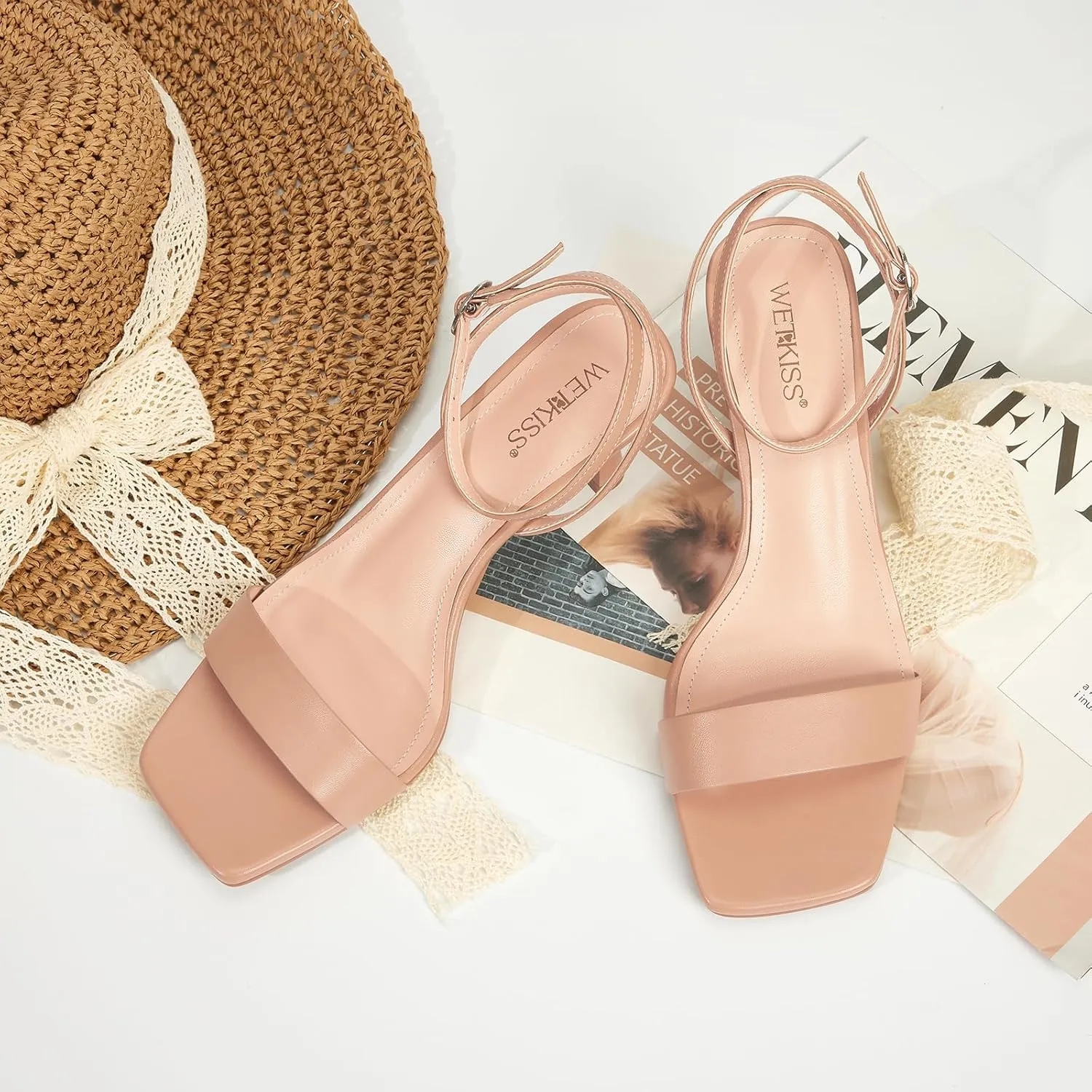 wetkiss Kitten Heels Women Heels Sandals Low Heels Cute Heels Strappy Heels Square Toe Heels Black Nude Gold