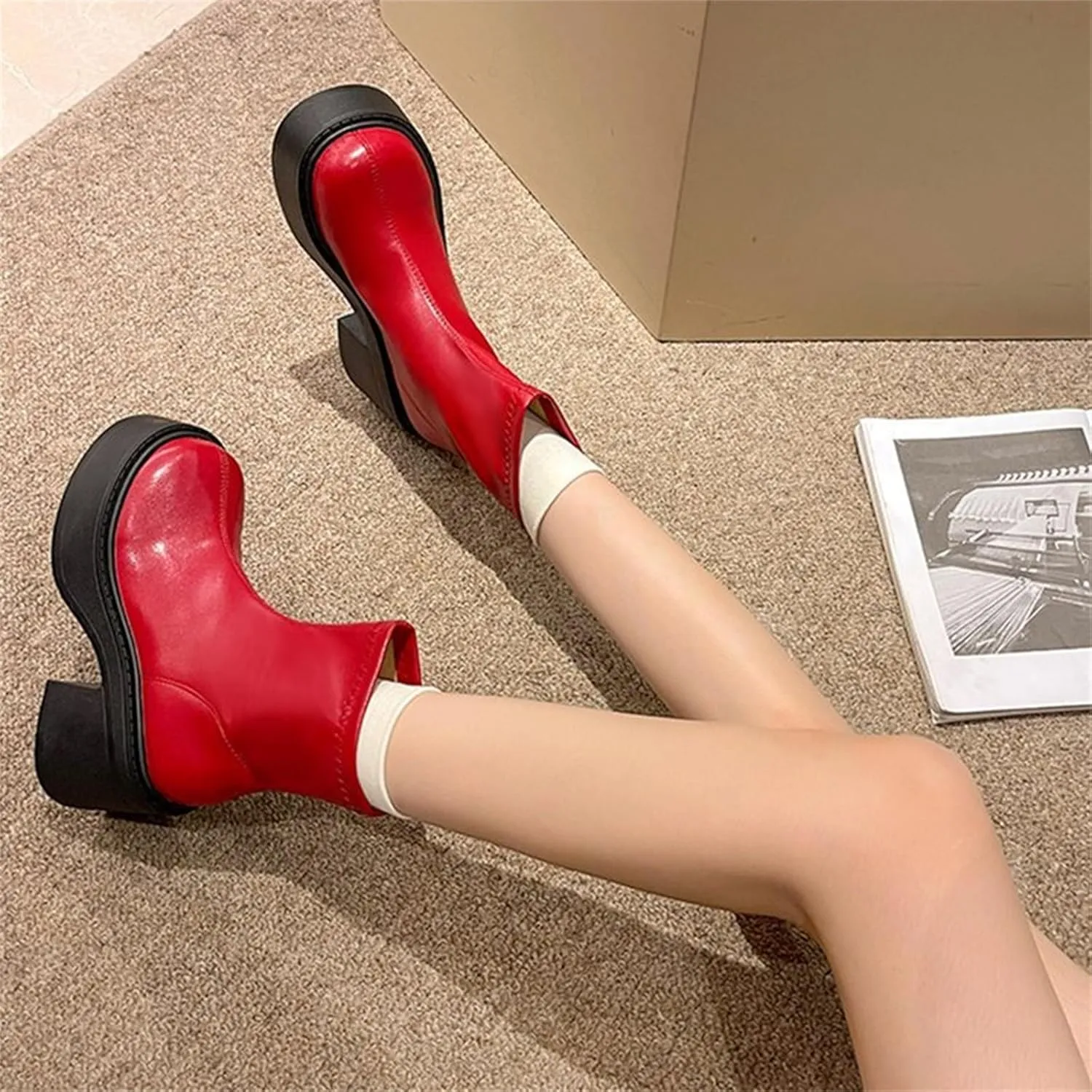 Women Ankle Boots Women Booties Ankle Womans Booties Low Cut Boots for Women Black Leather Ankle Boots for Women Chunky Heel Booties To Wear with Dresses Narrow Ankle