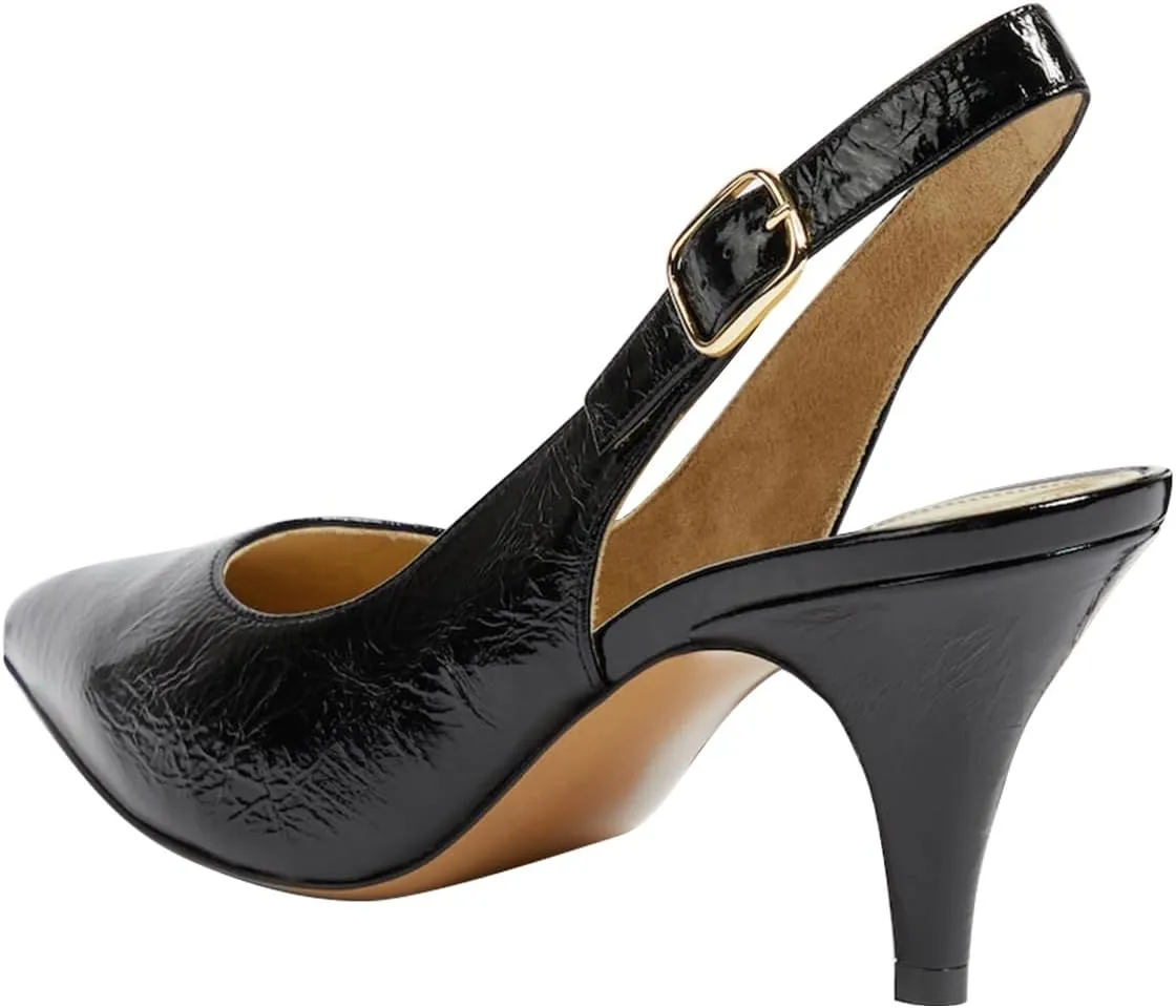Women Graceful Mid Heel Slip on Slingback Pumps Adjustable Backstrap Buckle Pointed Toe Office Party Dress Shoes Size 4-16 US