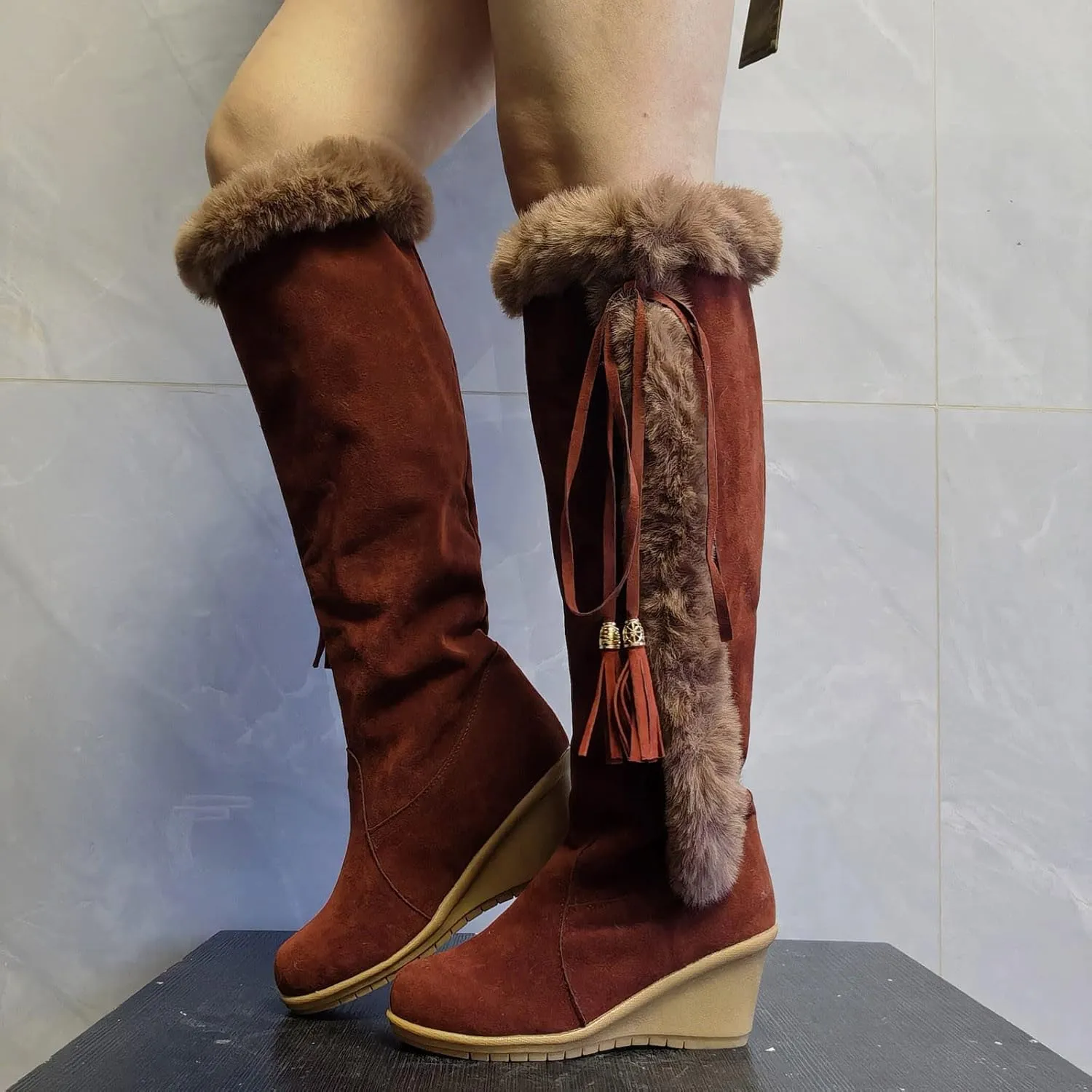 Women Knee High Boots Winter Warm Middle Tube Boot Shoes Fur Trim Lug Sole Wedge Heel Booties Vintage Suede Boots