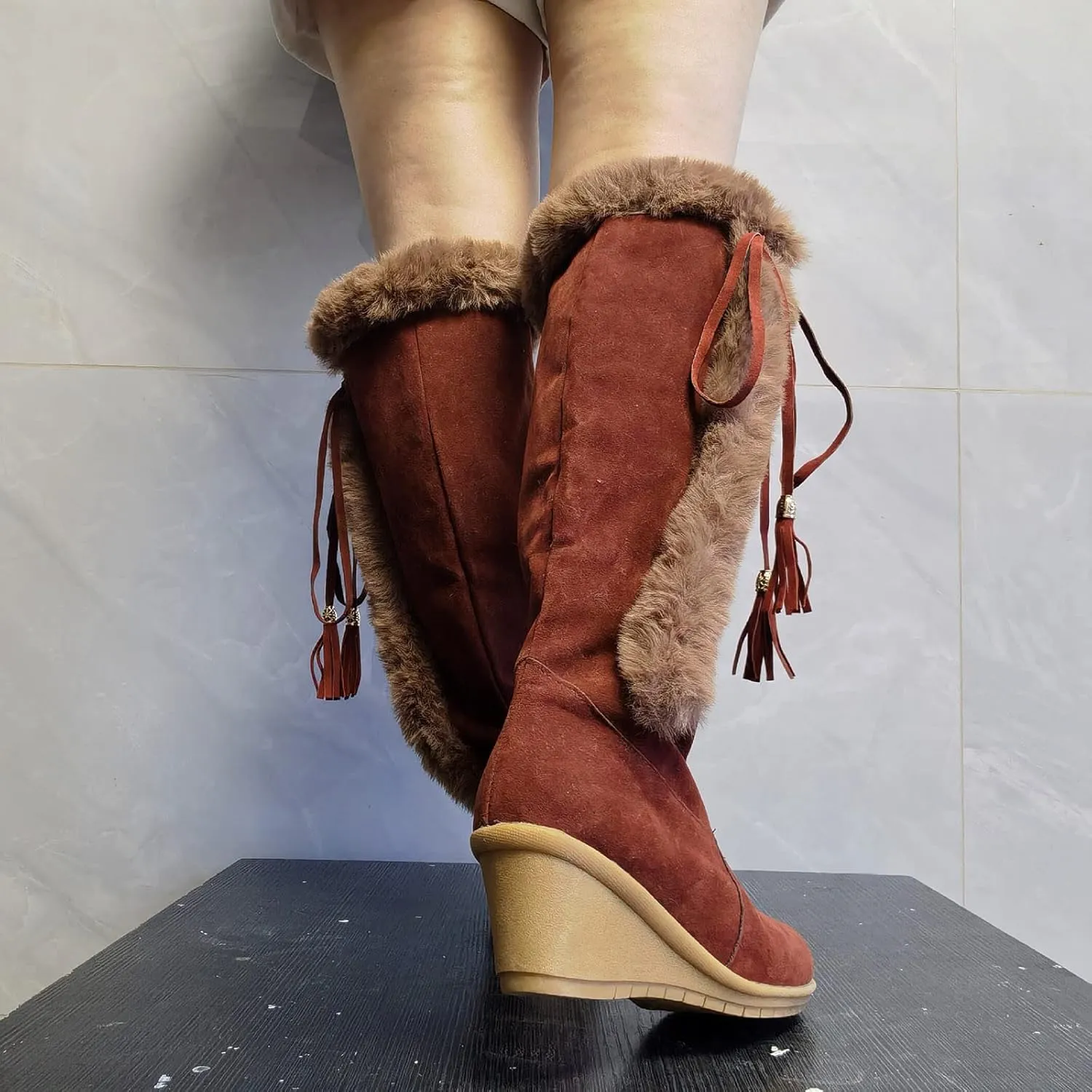 Women Knee High Boots Winter Warm Middle Tube Boot Shoes Fur Trim Lug Sole Wedge Heel Booties Vintage Suede Boots