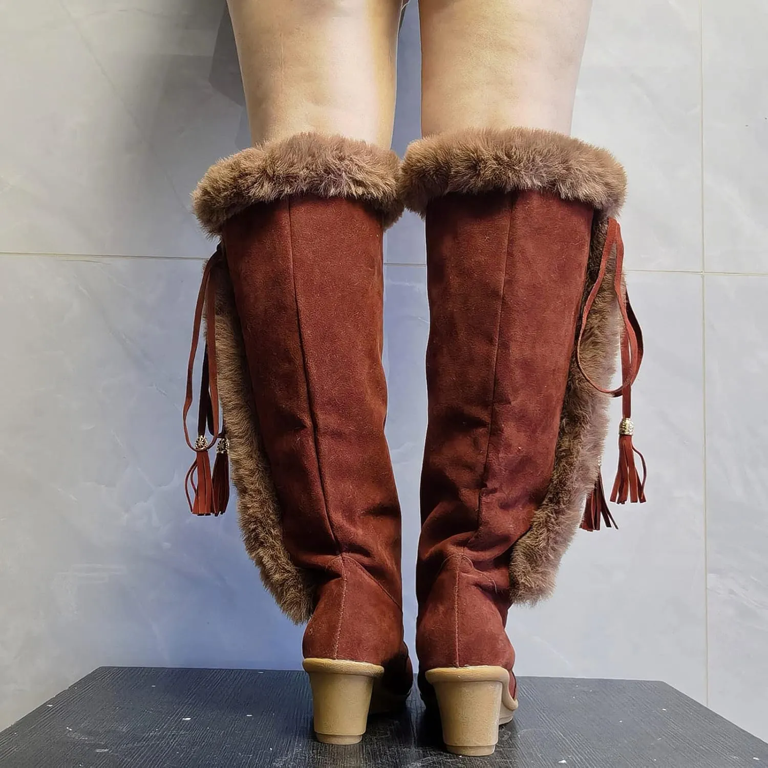 Women Knee High Boots Winter Warm Middle Tube Boot Shoes Fur Trim Lug Sole Wedge Heel Booties Vintage Suede Boots