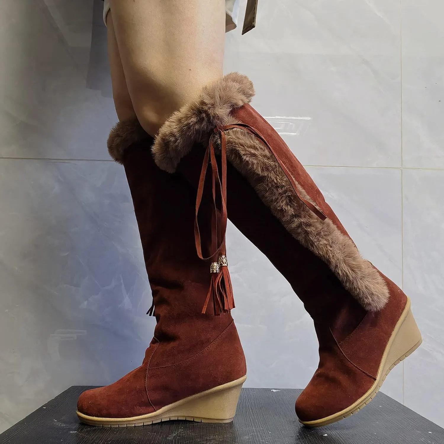 Women Knee High Boots Winter Warm Middle Tube Boot Shoes Fur Trim Lug Sole Wedge Heel Booties Vintage Suede Boots