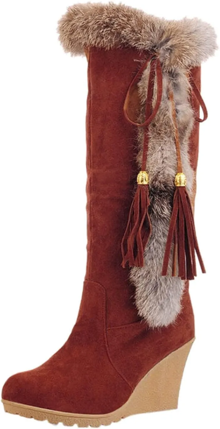 Women Knee High Boots Winter Warm Middle Tube Boot Shoes Fur Trim Lug Sole Wedge Heel Booties Vintage Suede Boots