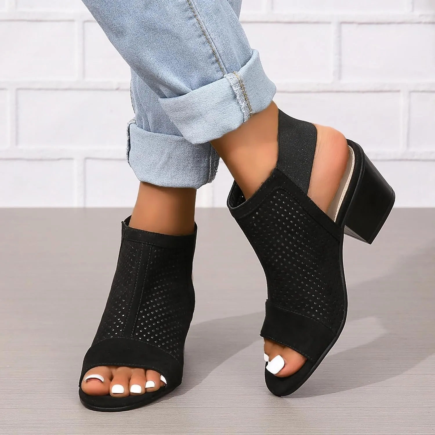 Women Peep Toe Booties Open Toe Boots Cutout Ankle Strap Mid Black Chunky Heel Block Sandals