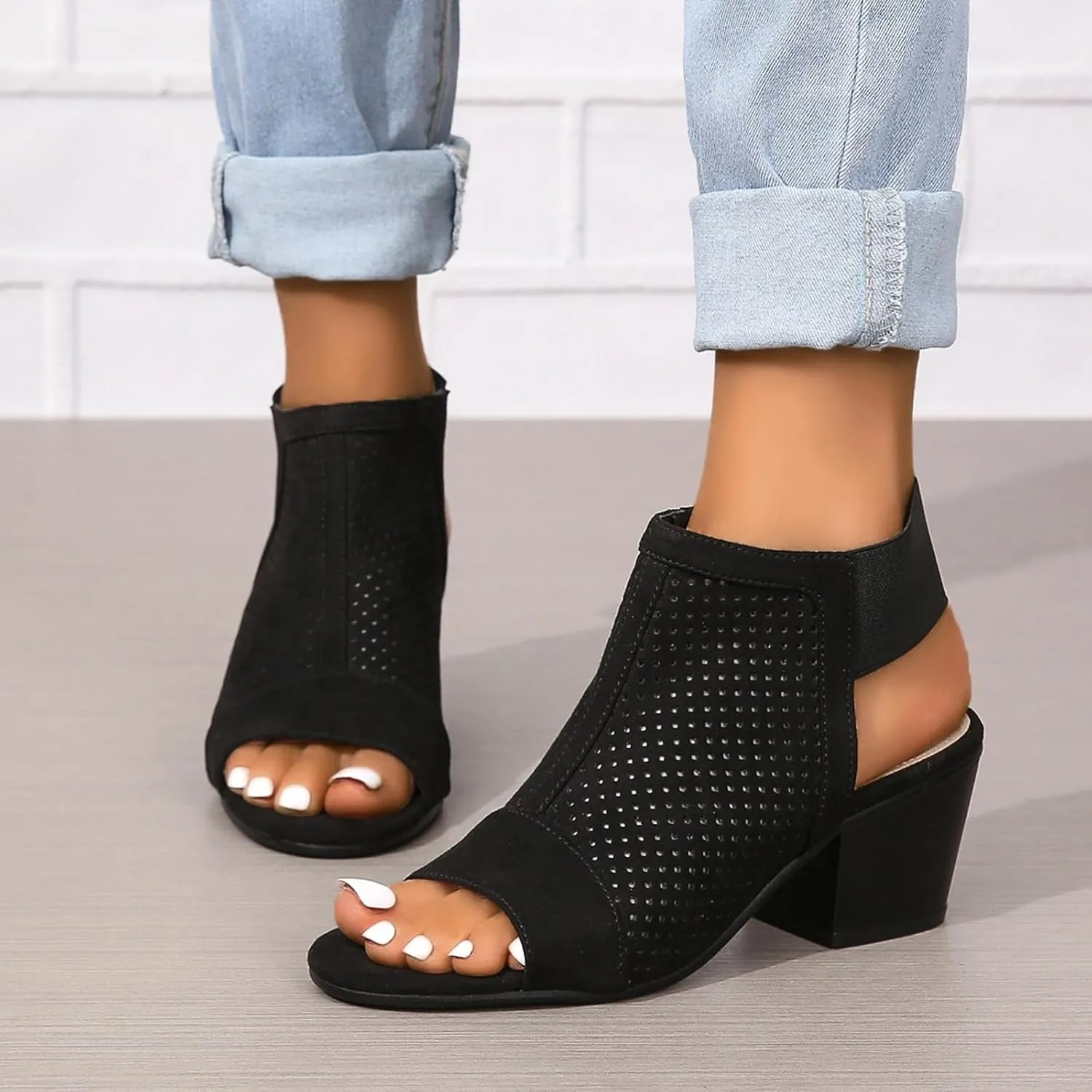 Women Peep Toe Booties Open Toe Boots Cutout Ankle Strap Mid Black Chunky Heel Block Sandals