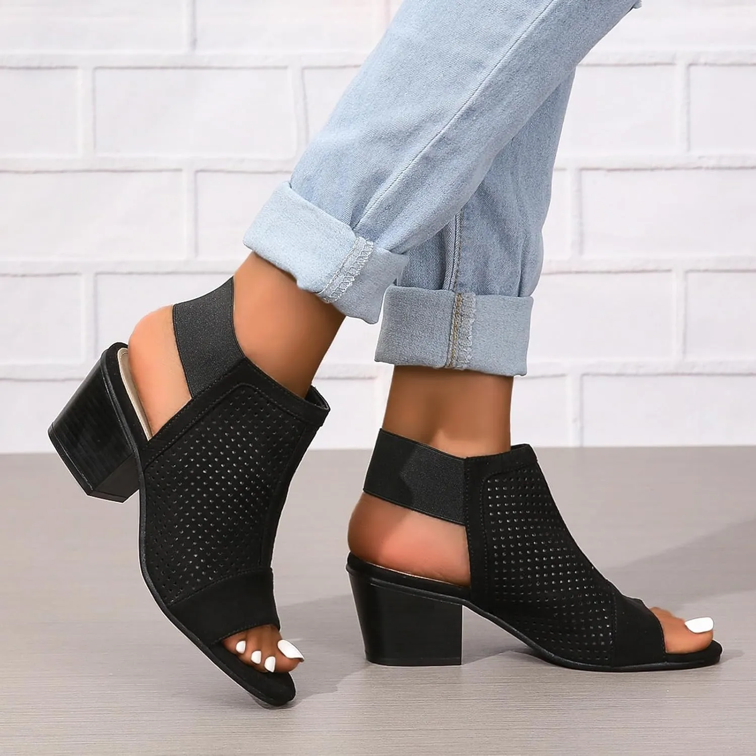 Women Peep Toe Booties Open Toe Boots Cutout Ankle Strap Mid Black Chunky Heel Block Sandals